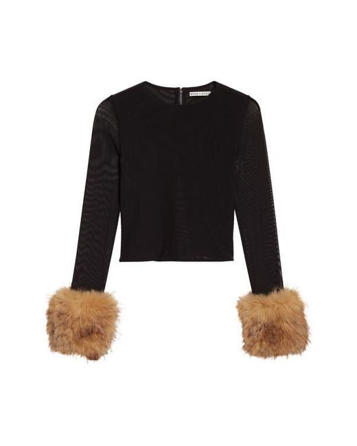 Alice + Olivia Black Delaina Faux Fur Cuff Mesh Crop Top