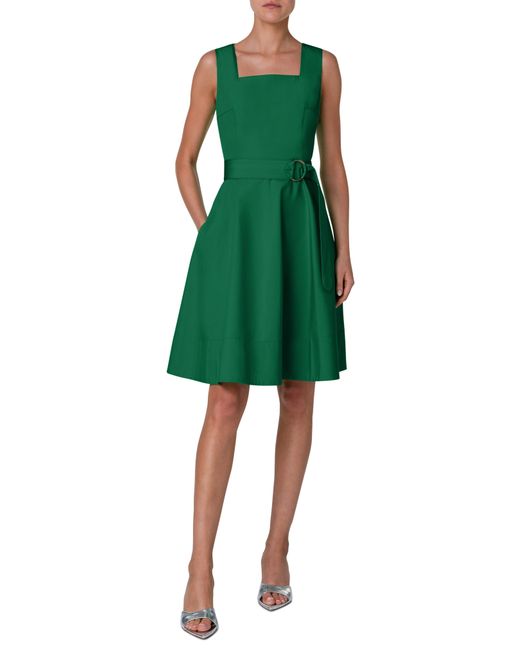 Akris Punto Green Belted Square Neck Cotton Fit & Flare Dress