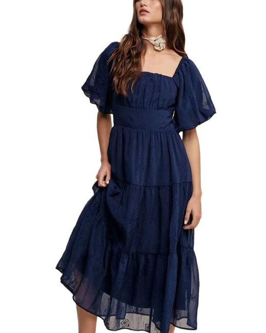 Knit & Lounge Blue Puff Sleeve Tiered Ruffle Lace Maxi Dress