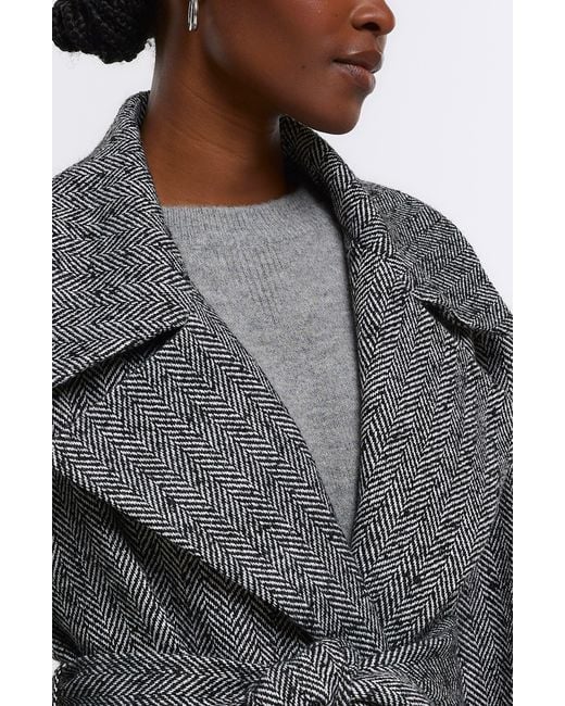 River Island Oversize Belted Herringbone Trench Coat in Black Lyst