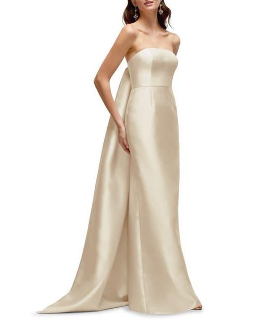 Alfred Sung Natural Strapless Satin Twill Column Gown With Removable Train