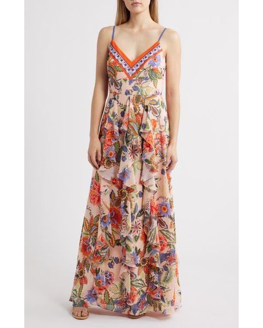 Eliza J Pink Floral Cascade Ruffle Maxi Dress