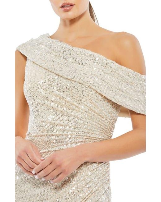 Mac Duggal Metallic One-Shoulder Ruched Sequined Gown
