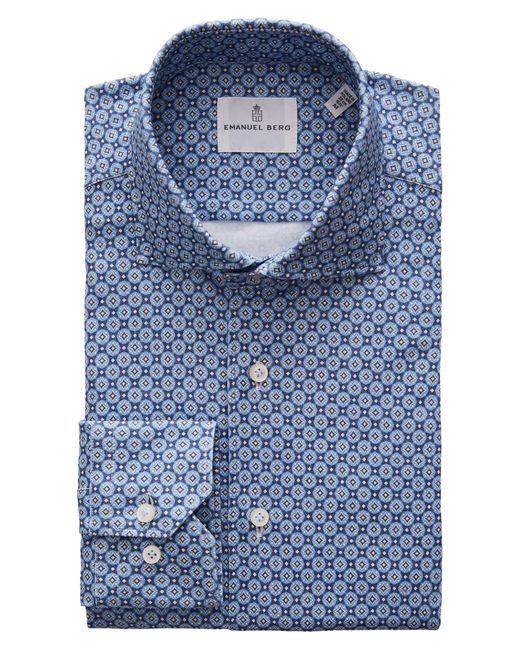 Emanuel Berg Blue 4flex Modern Fit Medallion Print Knit Button-up Shirt for men