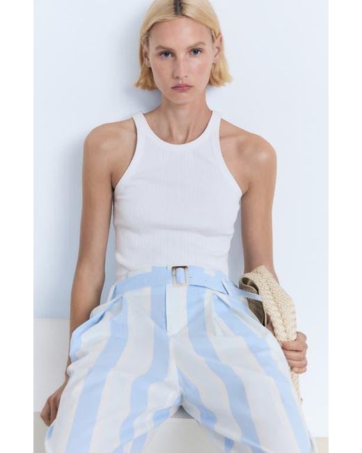 Mango Blue Belted Stripe Straight Leg Pants