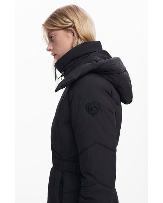 Desigual Black Quilted Puffer Coat With Removable Hood