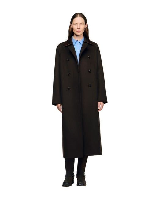 Sandro Black Long Wool And Leather Coat