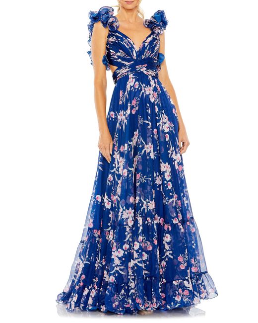 Ieena for Mac Duggal Blue Ruffle Floral Gown