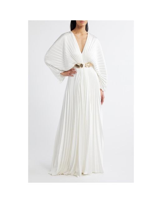 open lace back dress Ayla Pleated Satin Gown | Ivory | XL - 56 | Satin, Not Transparent, Balloon Sleeves | Clothing main image 1