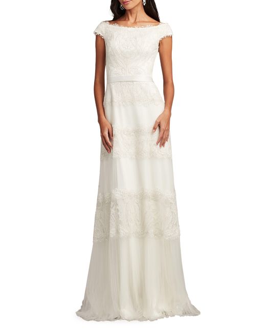 Tadashi Shoji White Sequin Corded Lace Off The Shoulder Gown