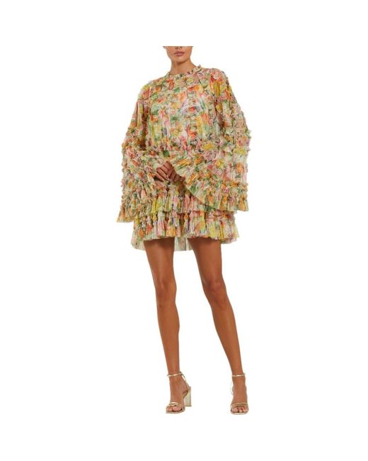 Mac Duggal Yellow Printed Mesh Ruffle High Neck Mini Dress