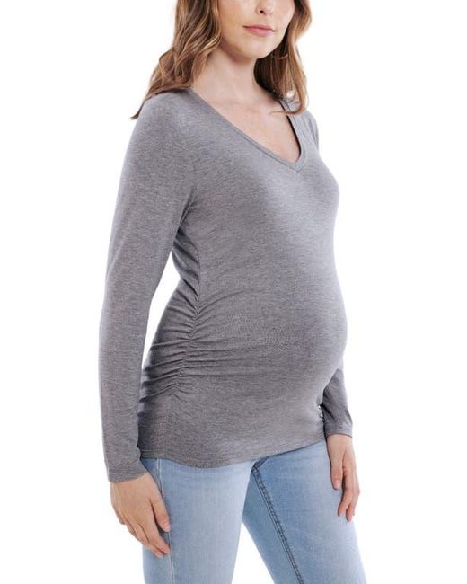 Motherhood Maternity Gray V-Neck Side-Ruched Maternity Long Sleeve Tee