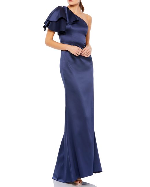Mac Duggal Ruffle One-shoulder Satin Gown in Blue | Lyst