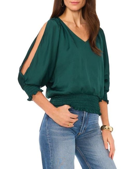 Vince Camuto Smocked Cold Shoulder Satin Top in Green Lyst