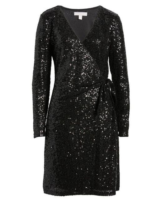 Chelsea28 Black Long Sleeve Sequin Wrap Minidress