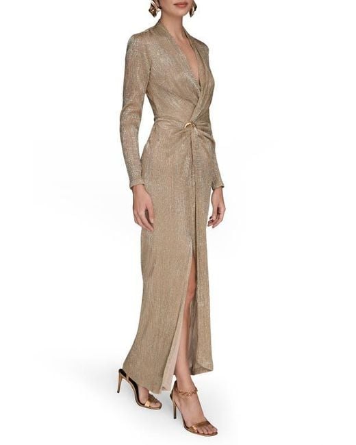 Donna Karan Natural Metallic Side Slit Long Sleeve Gown