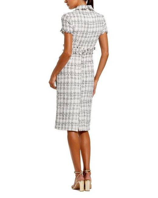 Mac Duggal White Fitted Boucle Short Sleeve Button Up Midi Dress