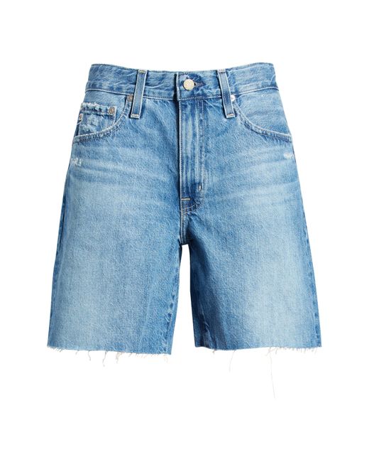 AG Jeans Blue Ex-boyfriend Distressed Raw Hem Mid Length Denim Shorts