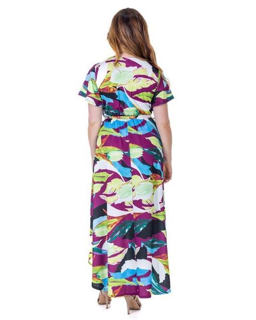 24seven Comfort Apparel White Colorful Floral V-Neck Belted High Low Faux Wrap Dress
