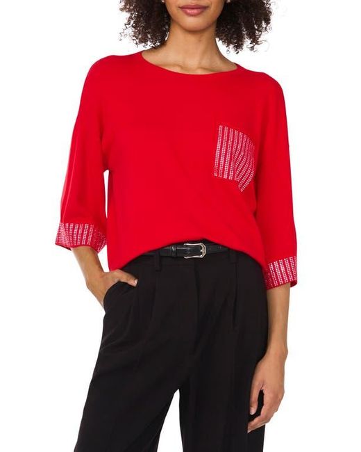Vince Camuto Red Embellished Trim Three-Quarter Sleeve Sweater