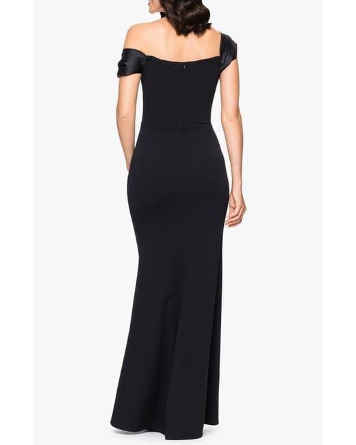 Betsy & Adam Black Ruched Off The Shoulder Scuba Column Gown