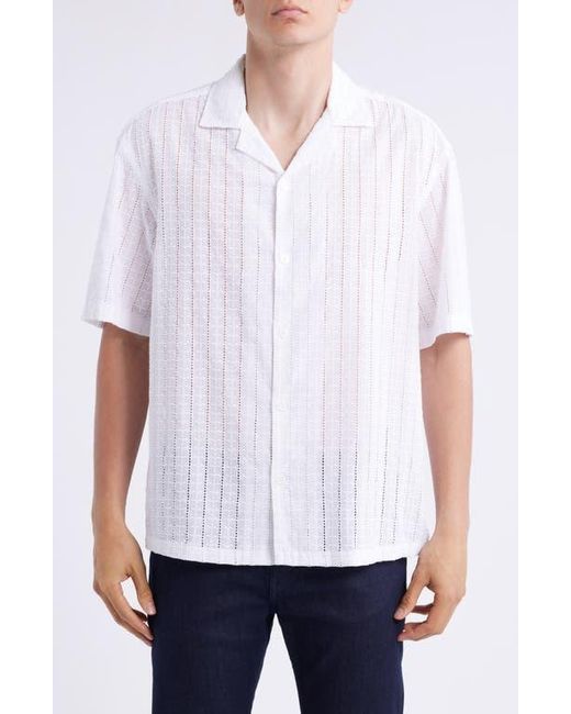 Boss White Lars Pointelle Stripe Camp Shirt for men