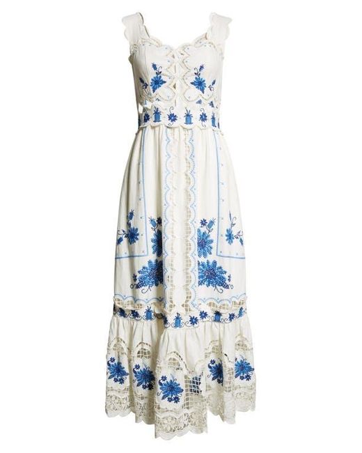 Farm Rio White Richilieu Embroidered Linen Blend Midi Sundress
