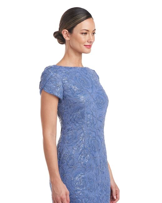 JS Collections Blue Brie Sequin Tulip Sleeve Mesh Cocktail Dress