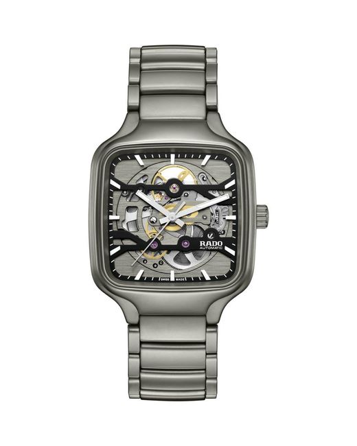 Rado Metallic True Square Skeleton Automatic Ceramic Bracelet Watch, 38Mm