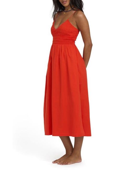 Billabong Red Such A Trip Smocked Bodice Cotton Midi Dress