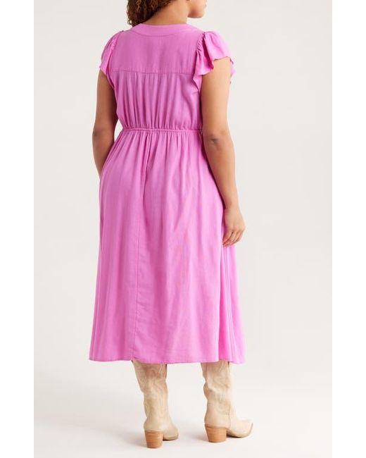 Treasure & Bond Pink Short Sleeve Button Down Linen Blend Midi Dress