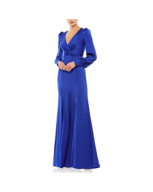 Mac Duggal Blue Satin Ruched Bishop Sleeve Gown