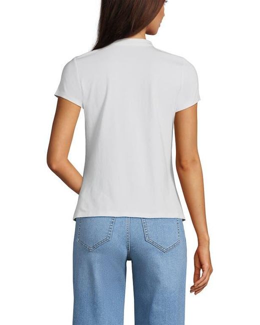 Lands' End White Short Sleeve Lightweight Jersey Button Pintuck Top