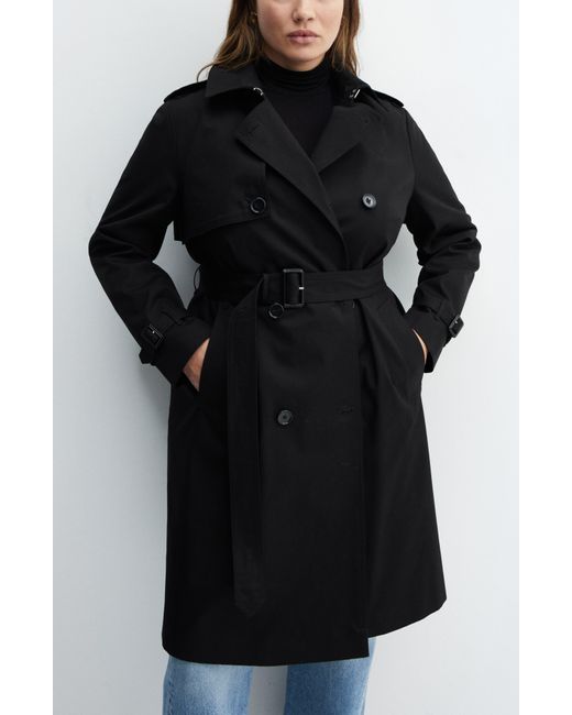 Mango Black Classic Double Breasted Water Repellent Cotton Trench Coat