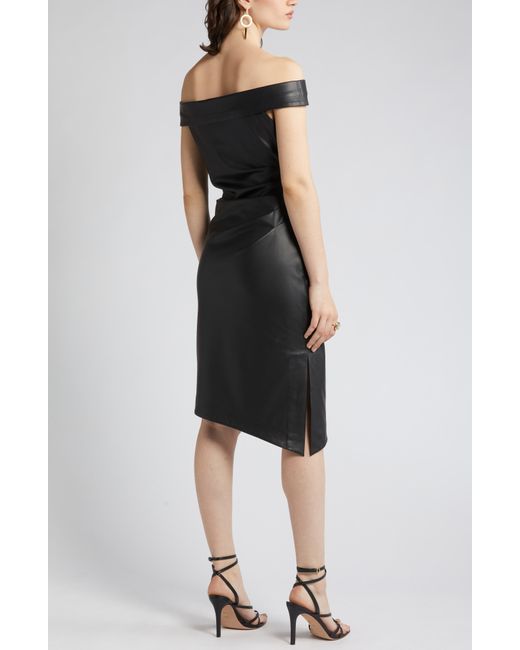 MILLY Black Ally Off The Shoulder Faux Leather Sheath Dress