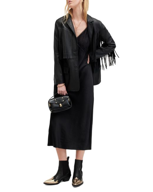 AllSaints Black Immy Lace & Satin Midi Slipdress