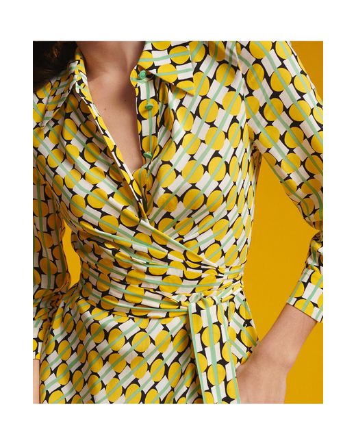 Diane von Furstenberg Yellow Geo Print Long Sleeve Midi Wrap Dress