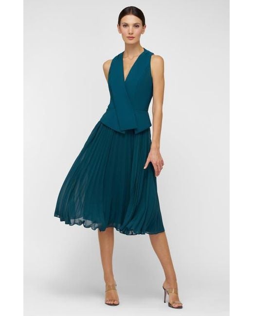 Kay Unger Blue Orella Pleated Mixed Media Cocktail Dress