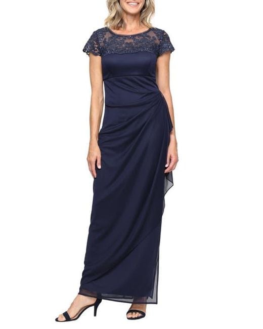 Alex Evenings Women's Blue Sequin Mesh Satin Gown
