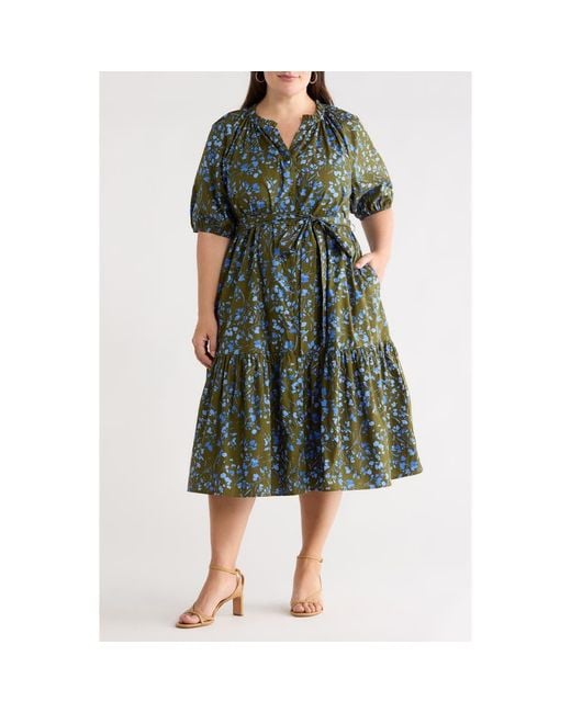 Sugarlips Women's Green Solvay Floral Wynette Cotton Tiered Midi Shirtdress  - www.disolcolor.com