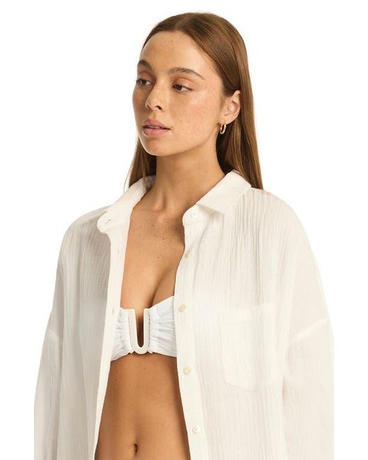Sea Level White Sunset Beach Oversize Cotton Cover-Up Shirt