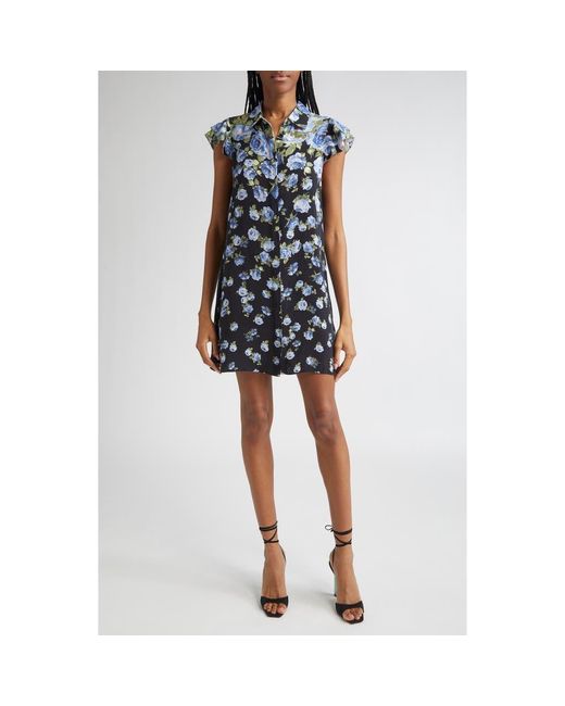 Alice + Olivia Blue Jem Floral Ruffle Sleeve Mini Shirtdress