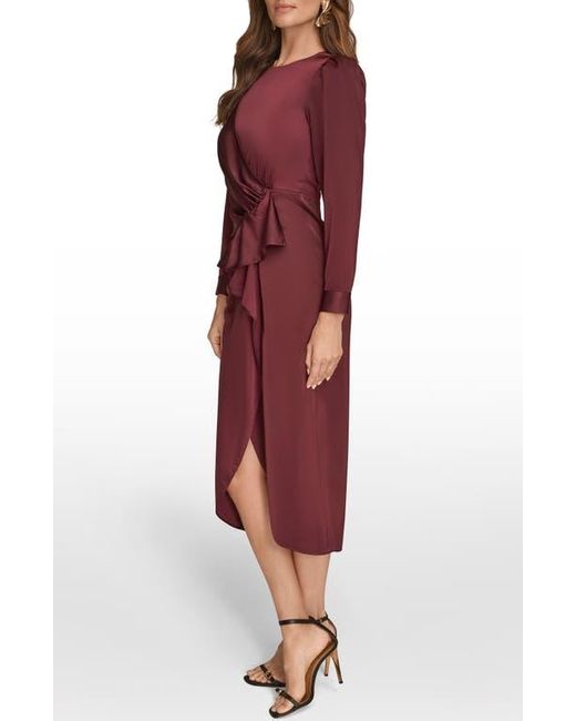 Donna Karan Red Long Sleeve Satin Faux Wrap Dress