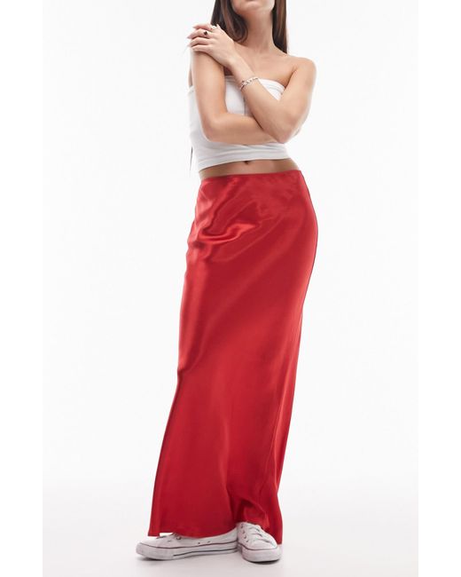 TOPSHOP Red Bias Cut Satin Maxi Skirt