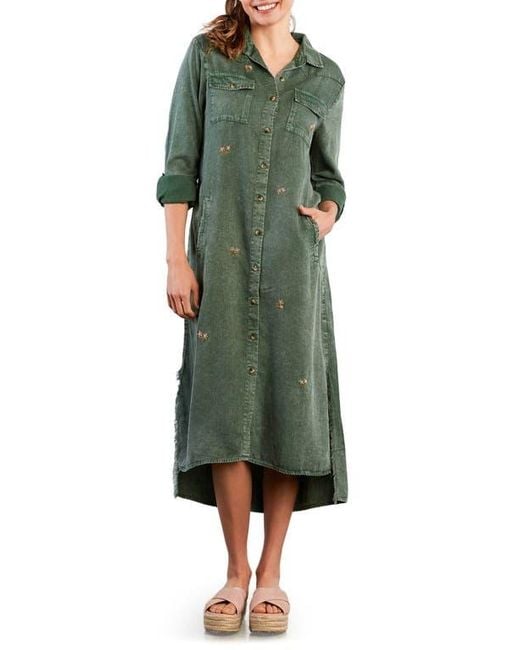 Billy T Women's Green Upstate Floral Embroidered Long Sleeve High-Low  Chambray Shirtdress
