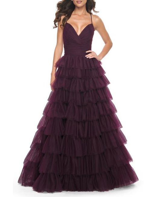 La Femme Purple A-Line Ruffle Tulle Gown With High Slit And Lace Up Back
