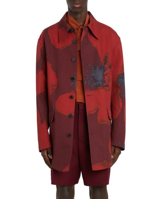 Valentino Red Flower Portrait Print Cotton Coat for men