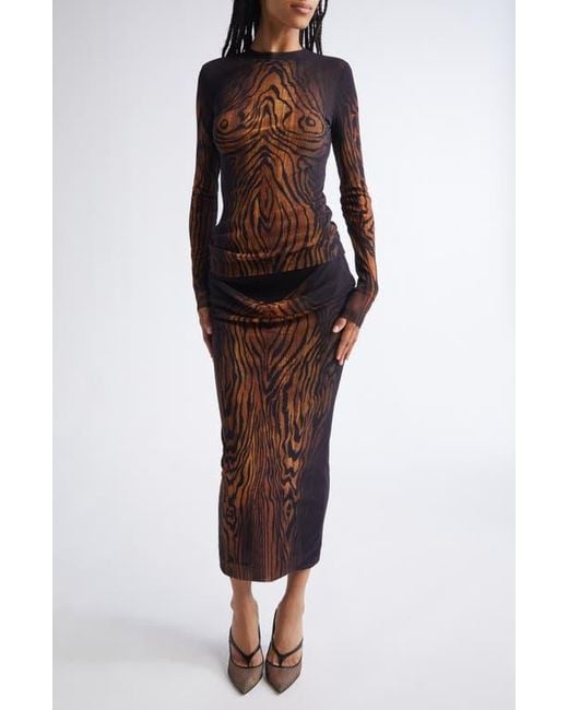Jean Paul Gaultier Brown Double Layer Wood Print Mesh Midi Skirt
