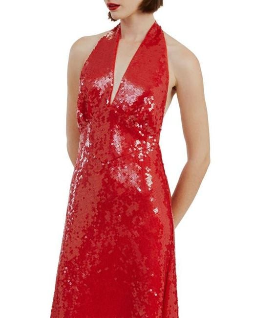 Bardot Red Freja Sequin Open Back Halter Maxi Dress