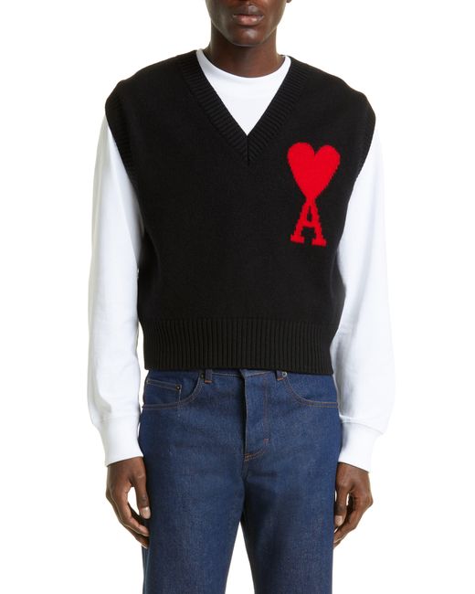 AMI Black Ami De Couer V-neck Wool Sweater Vest for men